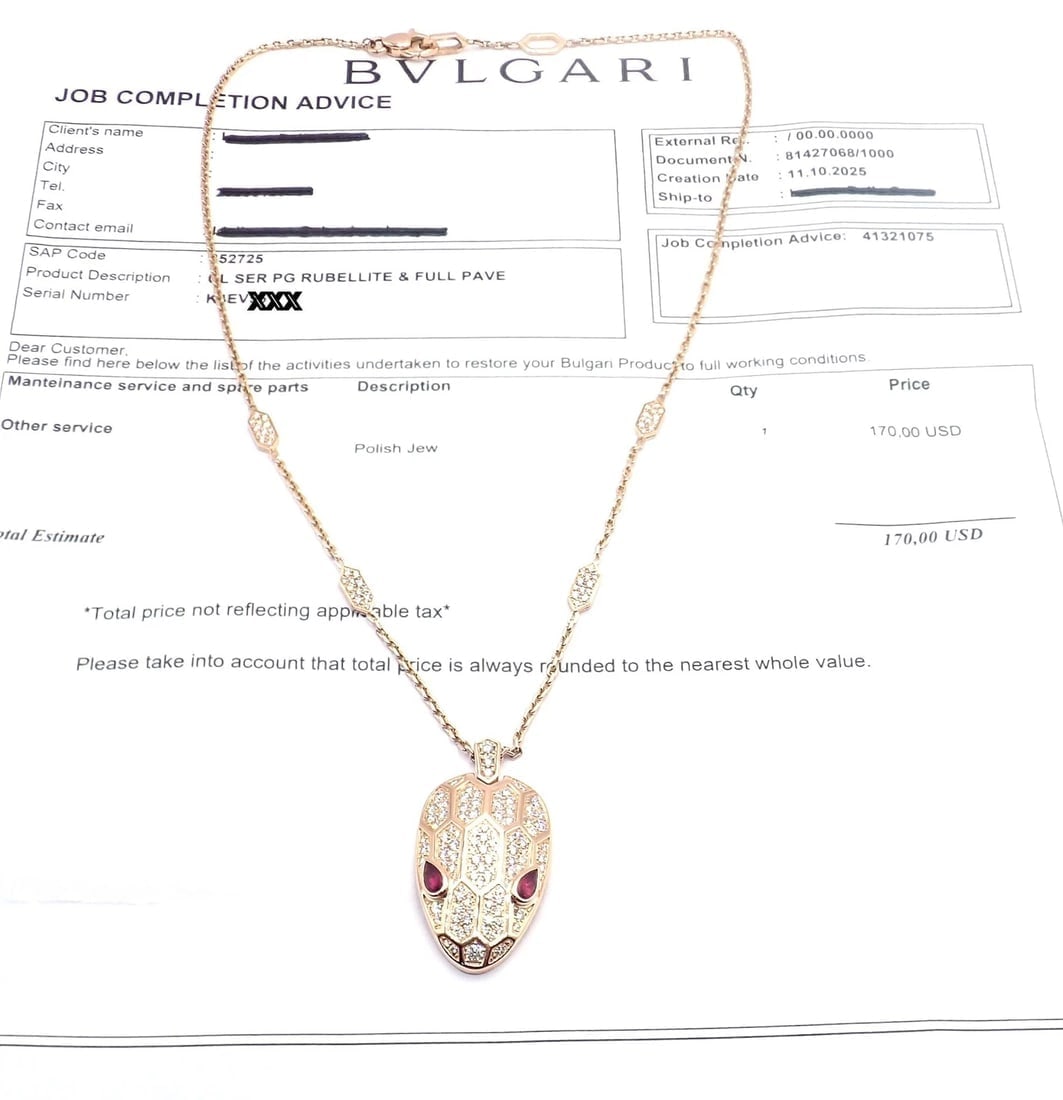 Authentic Bulgari Bvlgari Serpenti 18k Rose Gold Pave Diamond Rubellite Necklace - 5