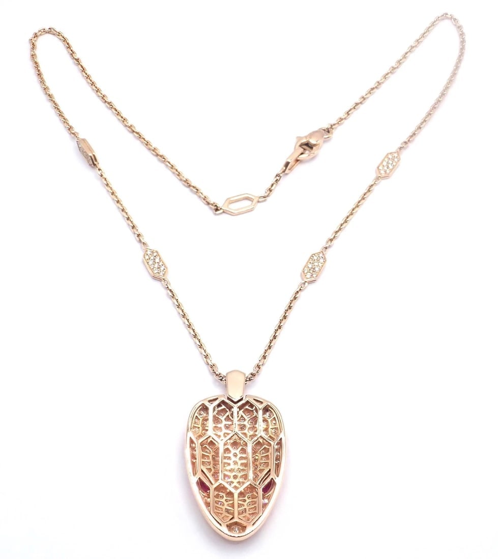 Authentic Bulgari Bvlgari Serpenti 18k Rose Gold Pave Diamond Rubellite Necklace - 7