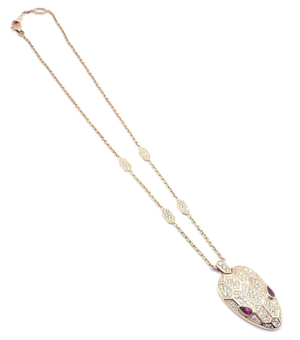Authentic Bulgari Bvlgari Serpenti 18k Rose Gold Pave Diamond Rubellite Necklace - 8