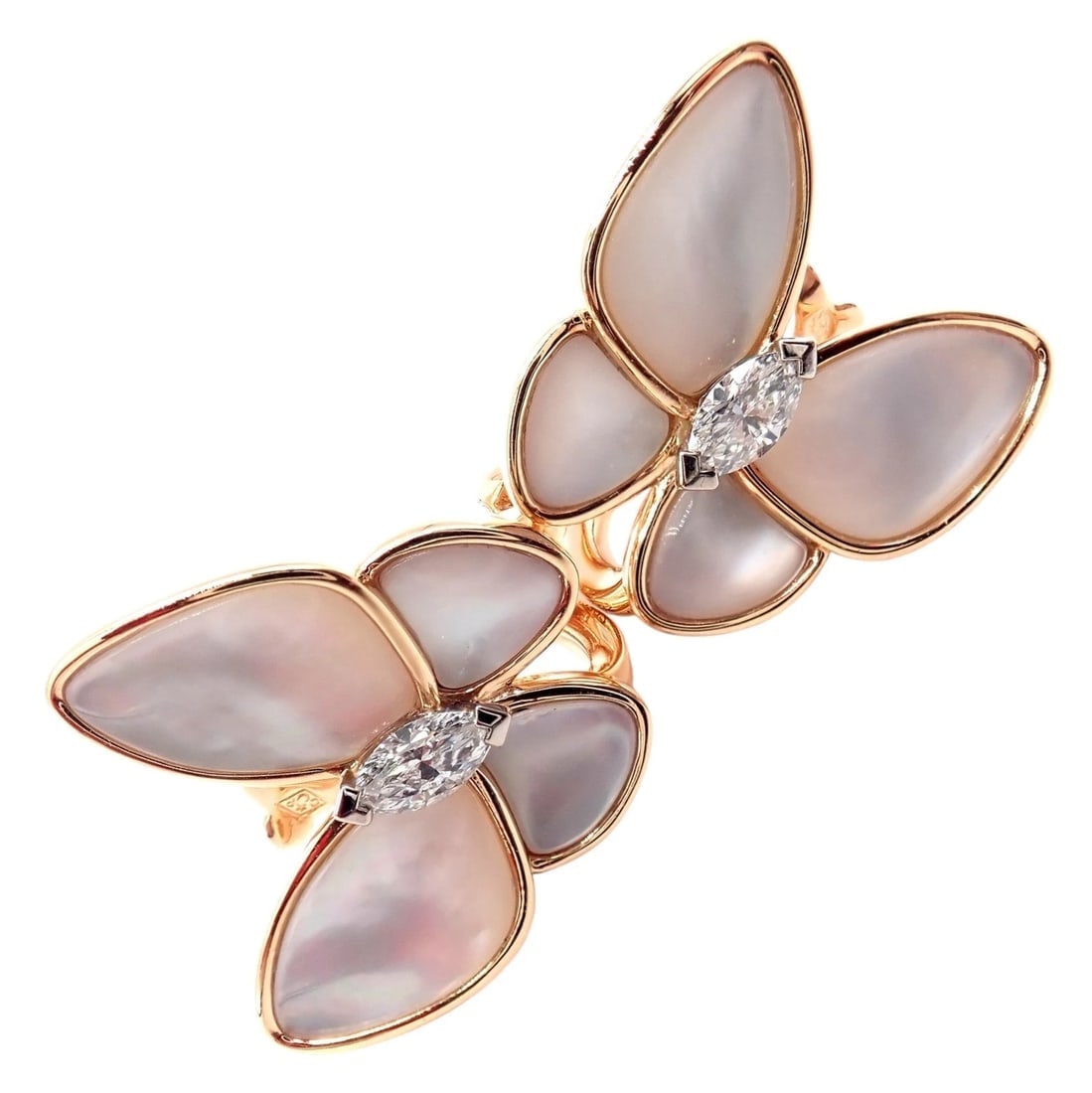 Van Cleef & Arpels 18k Rose Gold Diamond MoP Two Butterfly Earrings Cert - 7