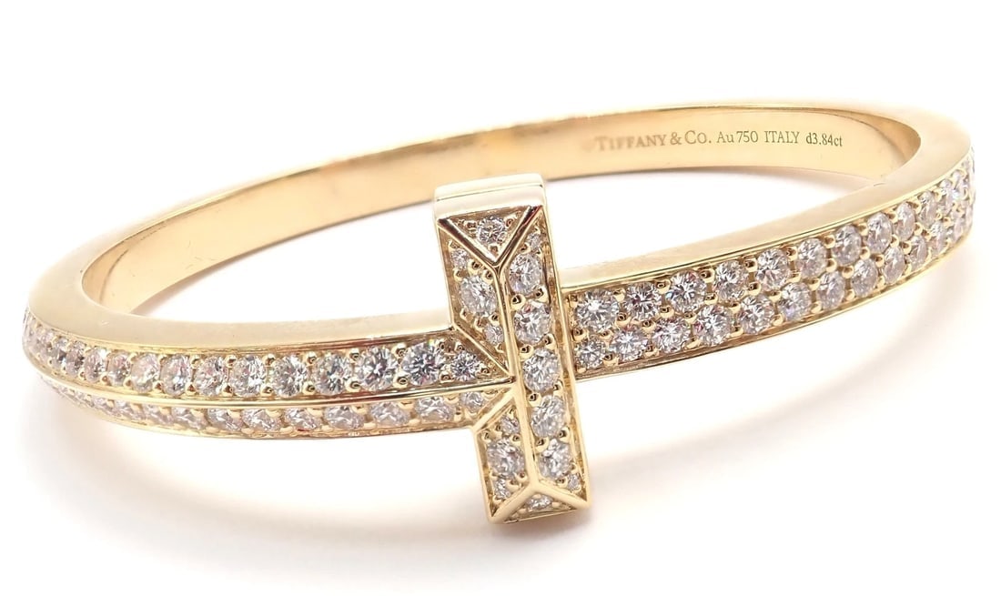 Authentic! Tiffany & Co 18k Yellow Gold Diamond T1 Wide Hinged Bangle Bracelet - 10