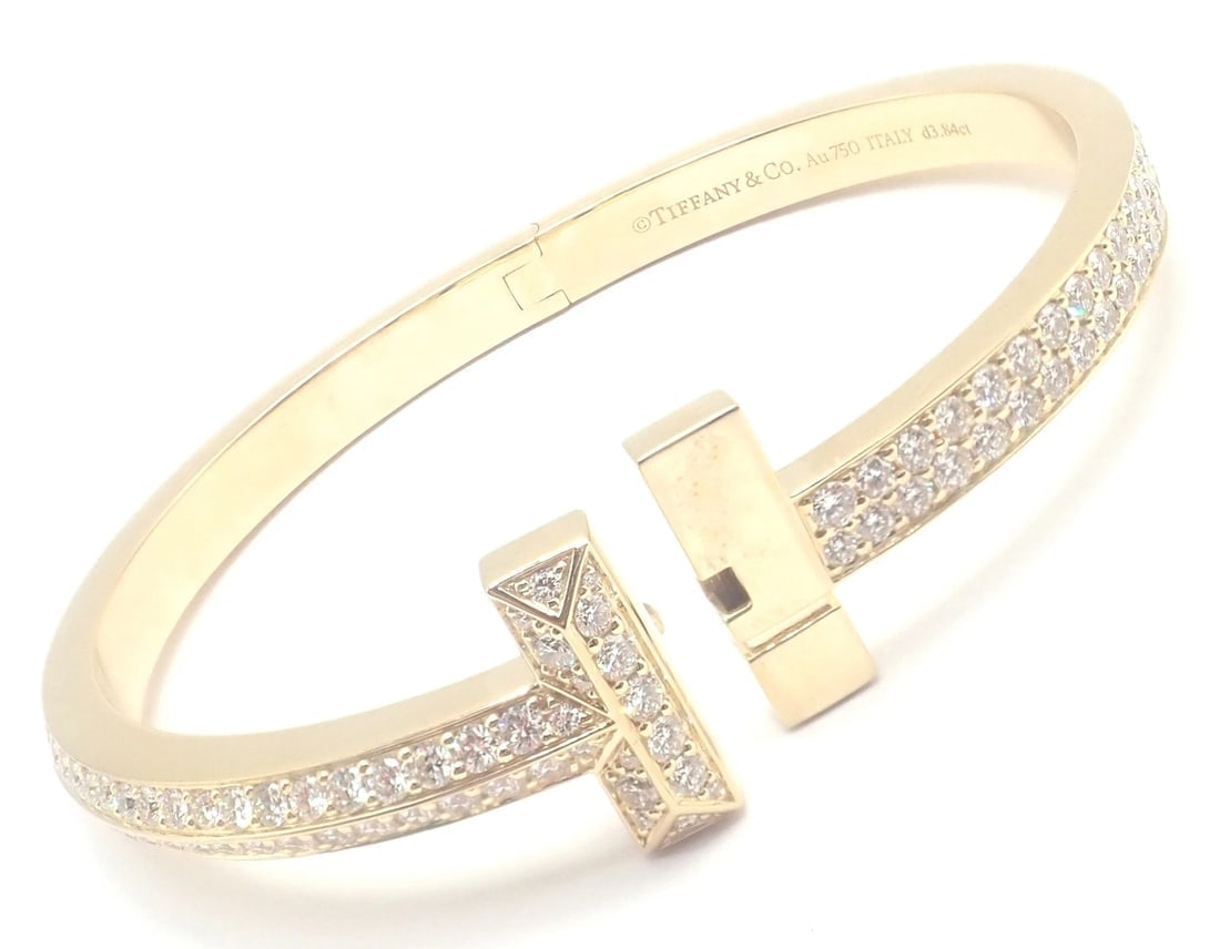Authentic! Tiffany & Co 18k Yellow Gold Diamond T1 Wide Hinged Bangle Bracelet - 11