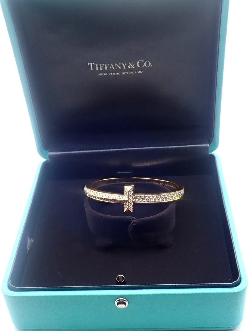 Authentic! Tiffany & Co 18k Yellow Gold Diamond T1 Wide Hinged Bangle Bracelet - 14