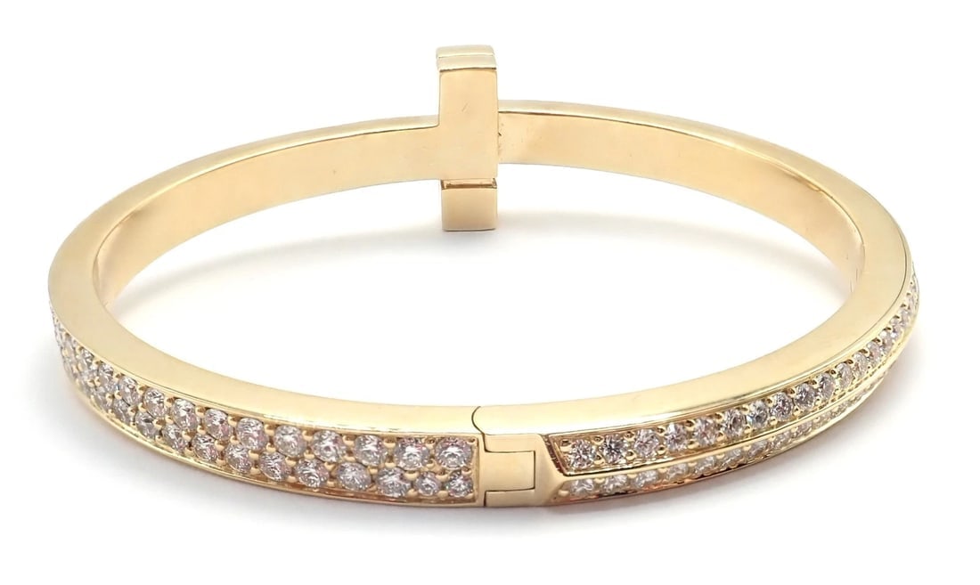 Authentic! Tiffany & Co 18k Yellow Gold Diamond T1 Wide Hinged Bangle Bracelet - 3