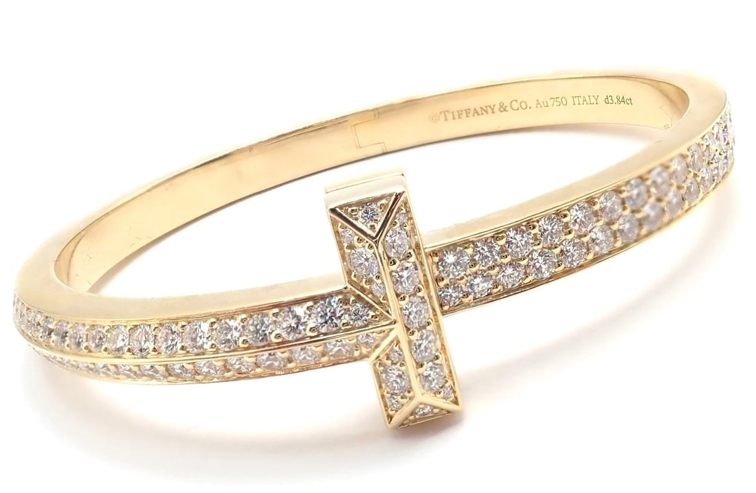 Authentic! Tiffany & Co 18k Yellow Gold Diamond T1 Wide Hinged Bangle Bracelet - 6