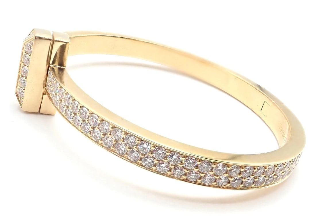 Authentic! Tiffany & Co 18k Yellow Gold Diamond T1 Wide Hinged Bangle Bracelet - 8
