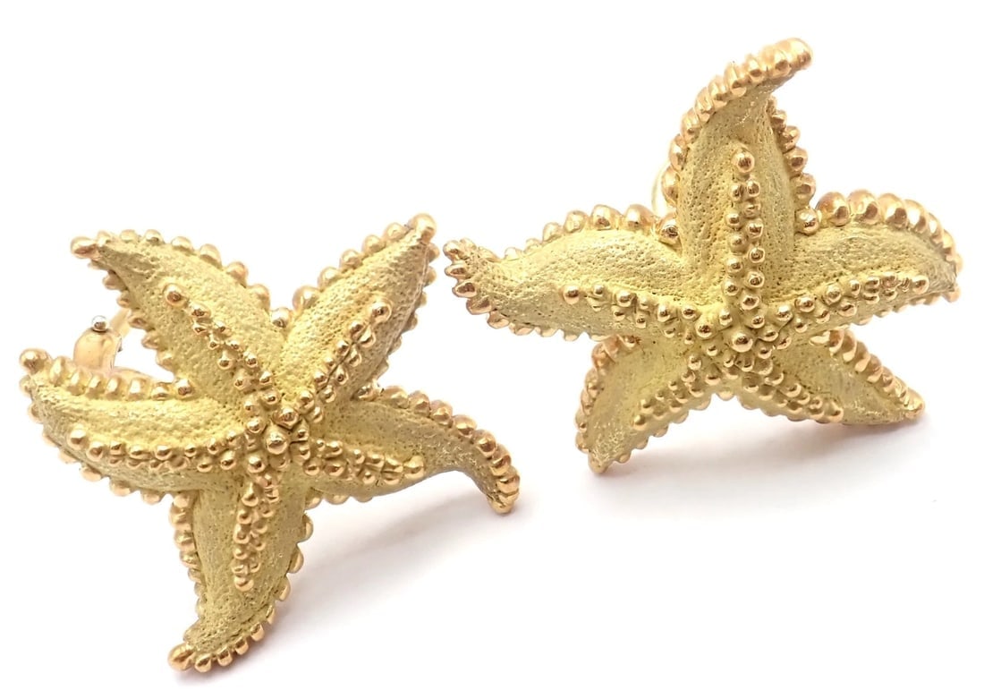 Authentic! Vintage Tiffany & Co Starfish 18k Yellow Gold Large Earrings - 6