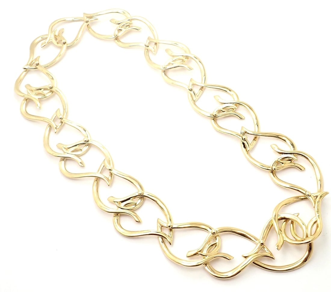 Authentic! VIntage Tiffany & Co 18k Yellow Gold Open Heart Leaf Link Necklace - 10