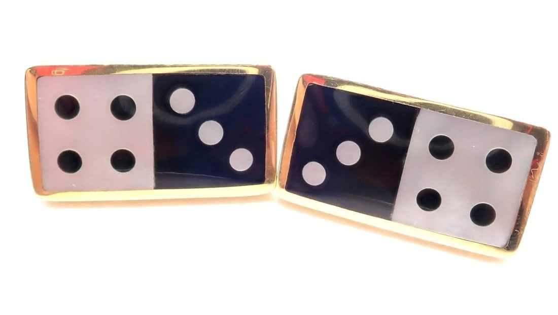 Tiffany & Co Cummings 18k Yellow Gold Inlaid Black Jade MOP Domino Earrings - 7