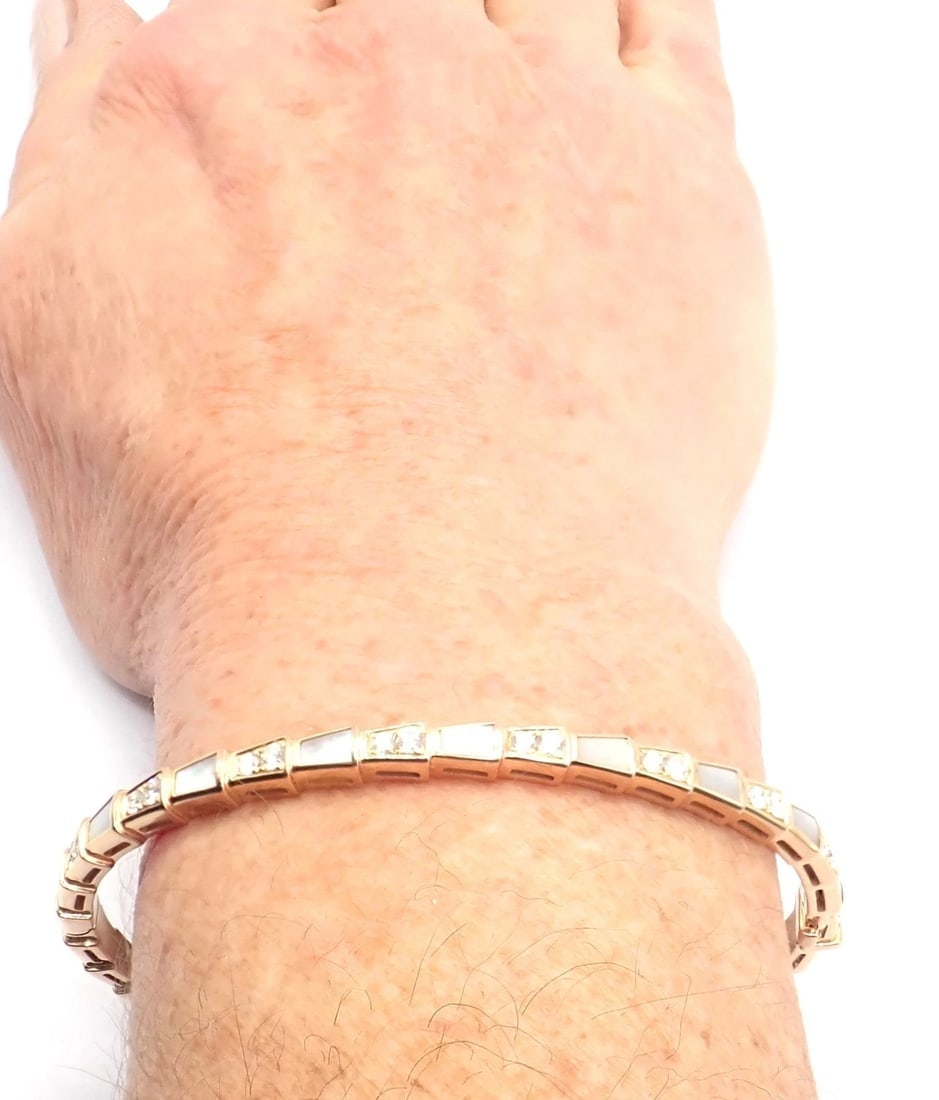 Authentic! Bulgari Bvlgari Serpenti Viper 18k Gold Diamond MOP Bangle Bracelet - 10