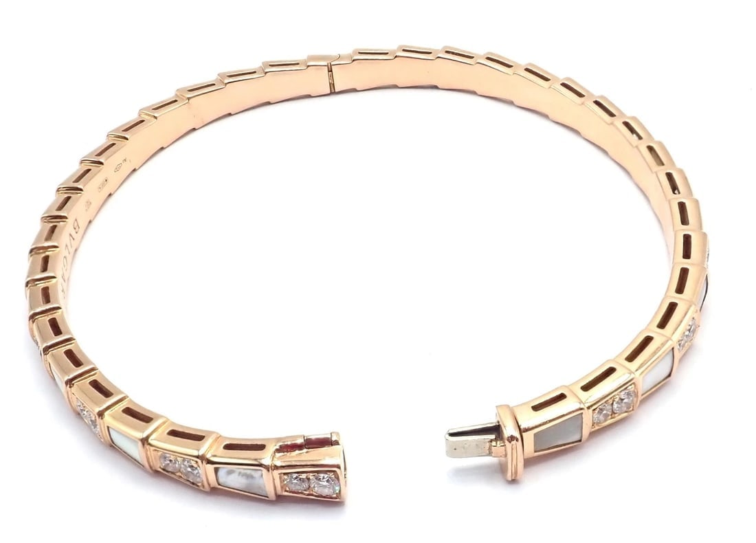 Authentic! Bulgari Bvlgari Serpenti Viper 18k Gold Diamond MOP Bangle Bracelet - 12