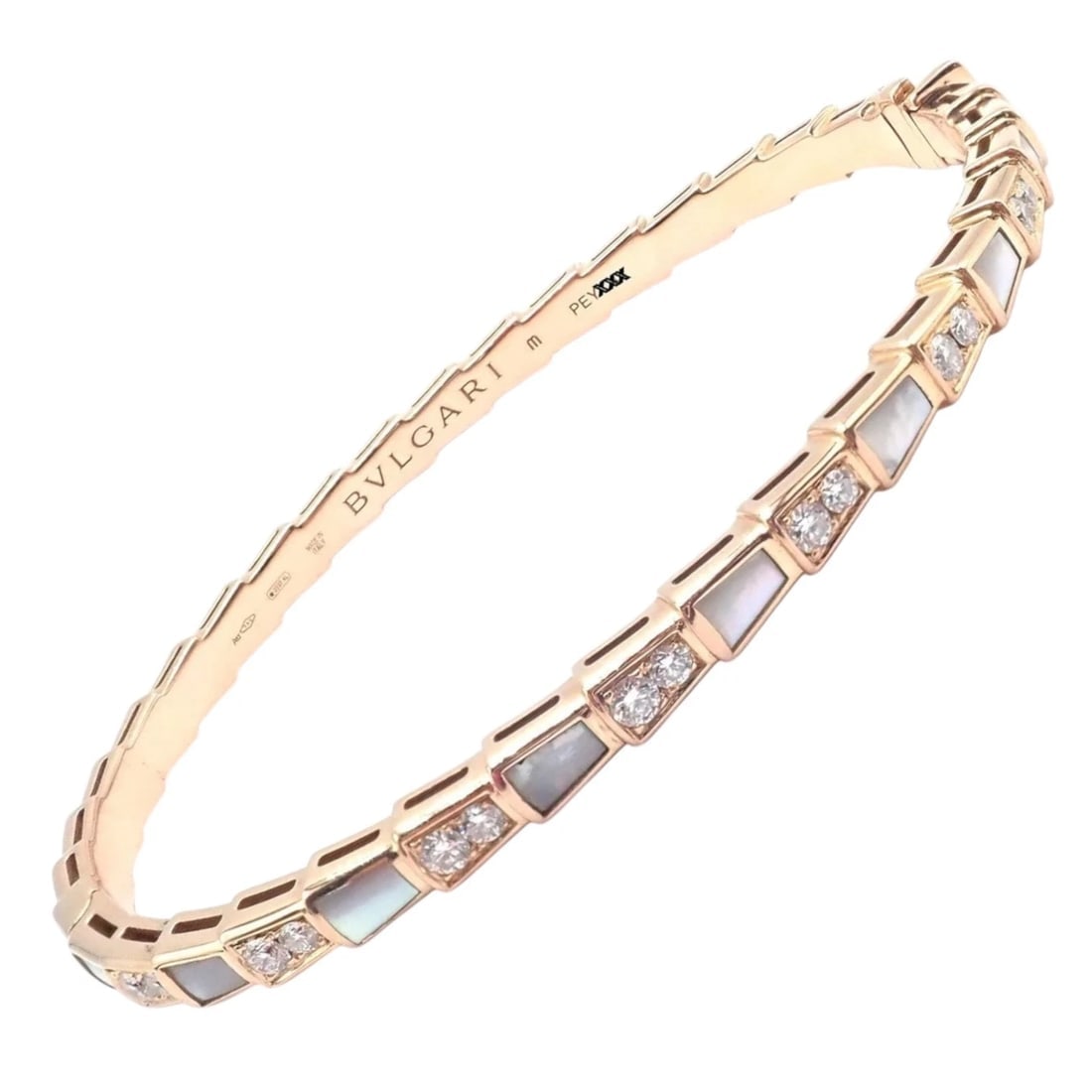 Authentic! Bulgari Bvlgari Serpenti Viper 18k Gold Diamond MOP Bangle Bracelet: The Bulgari Serpenti Viper 18k gold bangle showcases a sleek, articulated design inspired by the serpent’s sinuous form. Alternating mother-of-pearl inlays and sparkling diamond segments create 