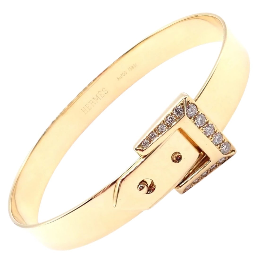 Authentic! Hermes 18k Yellow Gold Diamond Buckle Bangle Bracelet: Authentic! Hermes 18k Yellow Gold Diamond Buckle Bangle Bracelet About This Piece: The Hermès 18k Yellow Gold Diamond Buckle Bangle Bracelet is a luxurious statement piece, crafted from rich 18k 