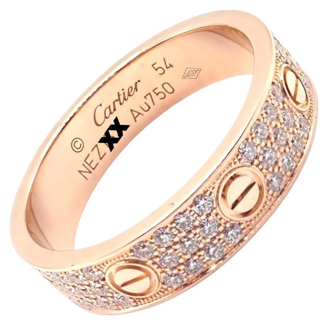 Authentic! Cartier Love 18k Rose Gold Diamond Paved Ring Size 54 US 6 3/4: Authentic! Cartier Love 18k Rose Gold Diamond Paved Ring Size 54 US 6 3/4 About This Piece: Experience the epitome of luxury with this Authentic Cartier Love 18k Yellow Gold Diamond Paved Ring. Sized 