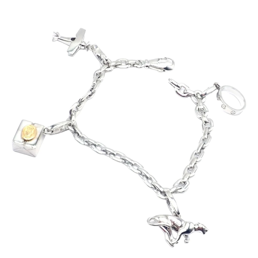Authentic Cartier 18k White Gold 4 Charm Panther Airplane Love Box Link Bracelet: Authentic Cartier 18k White Gold 4 Charm Panther Airplane Love Box Link Bracelet About This Piece: The Cartier 18k White Gold Bracelet features four charms: a panther, an airplane, a Love motif, and a