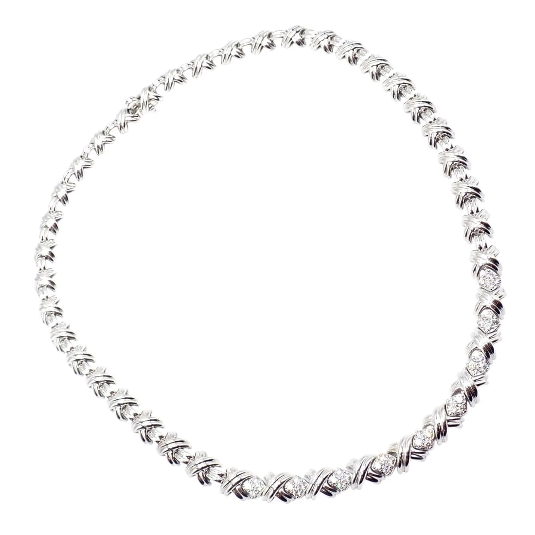 Authentic! Tiffany & Co 18k White Gold Diamond Cluster Signature X Link Necklace: Authentic! Tiffany & Co 18k White Gold Diamond Cluster Signature X Link Necklace About This Piece: This Tiffany & Co. Signature X Link necklace is crafted in radiant 18k white gold, featuring a series