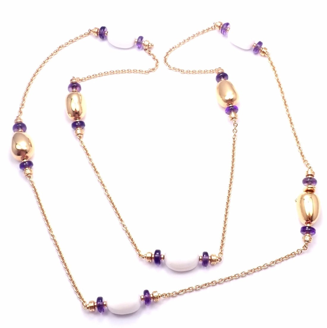 Bvlgari Bulgari Mediterranean Eden Sautoir 18k gold amethyst ceramic necklace: Bvlgari Bulgari Mediterranean Eden Sautoir 18k gold amethyst ceramic necklace About This Piece: Metal: 18k Rose Gold Length: 36" Weight: 83.3 grams Stones: 4 Ceramic stones 16 Amethyst beads Hallmarks