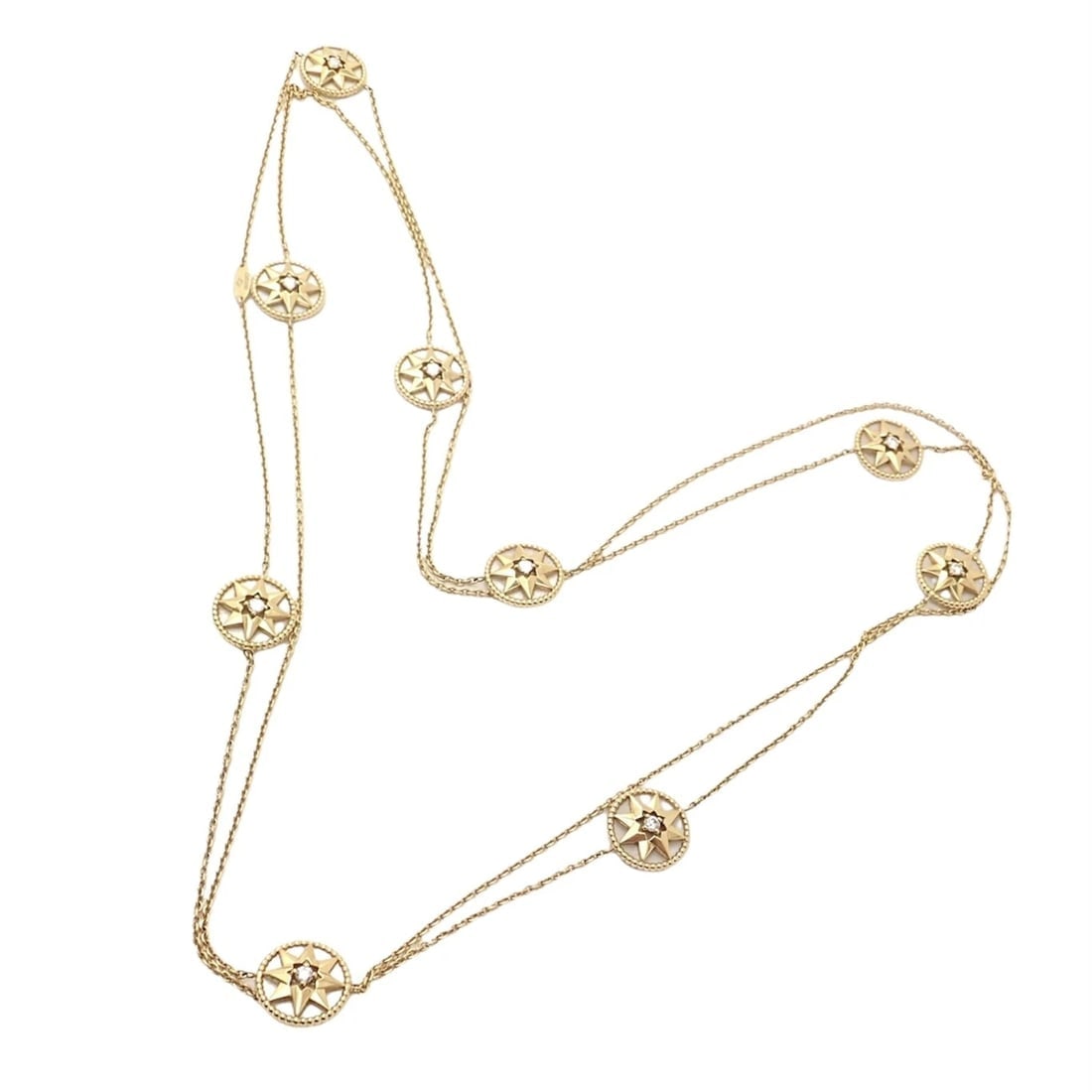 Christian Dior 18k Gold Rose De Vents Mother Of Pearl Diamond 42" Long Necklace: Christian Dior 18k Gold Rose De Vents Mother Of Pearl Diamond 42" Long Necklace About This Piece: Metal: 18k yellow gold Measurements: Length: 42" easily can be worn double layered Width: 12mm Motifs 