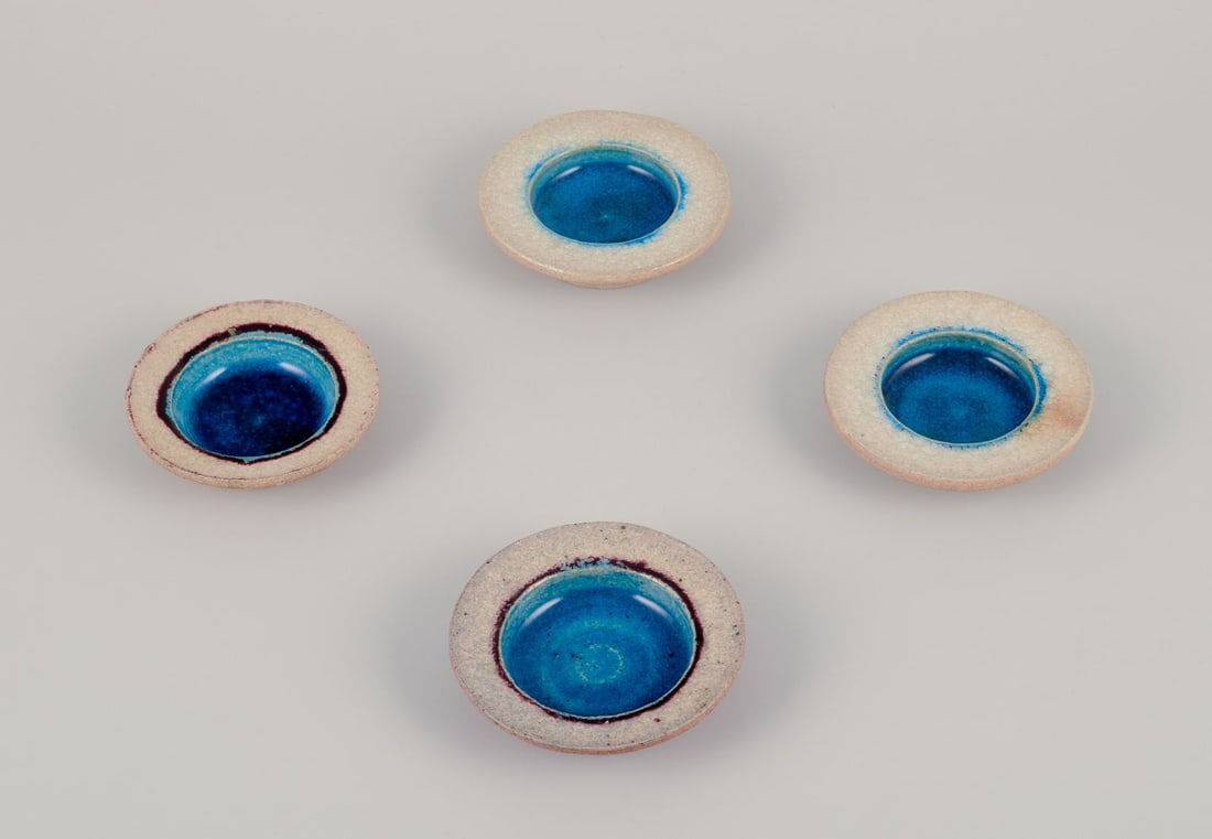 Nils Kähler for Kähler, Denmark. Four small ceramic bowls. Ca. 1970: Title: Nils Kähler for Kähler, Denmark. Four small ceramic bowls. Ca. 1970 Description: Nils Kähler (1906-1979) for Kähler. Four small ceramic bowls. Unglazed with turquoise