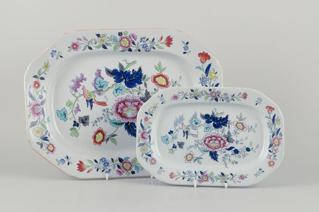 Copeland Spode, England. Two oval dishes in faience with flower and bird motifs. Approx. 1930s. - 2