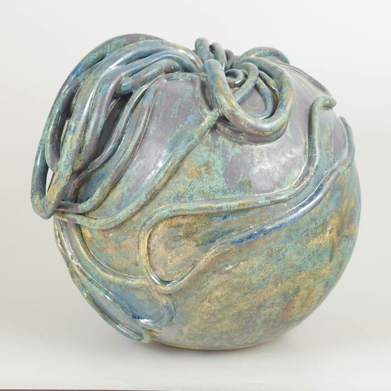 Christina Muff, contemporary Danish ceramic artist. Large stoneware vessel with greenish turquoise - 4