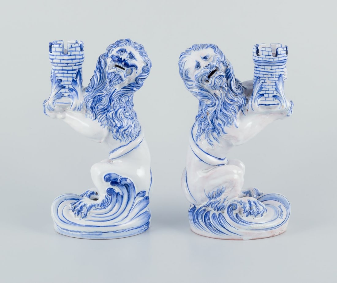 Emile Gallé for Nancy, St Clement. Pair of faience candle holders in the form of seated lions.: Title: Emile Gallé for Nancy, St Clement. Pair of faience candle holders in the form of seated lions. Approx. 1870. Description: Emile Gallé for Nancy, St Clement. A pair of early, large