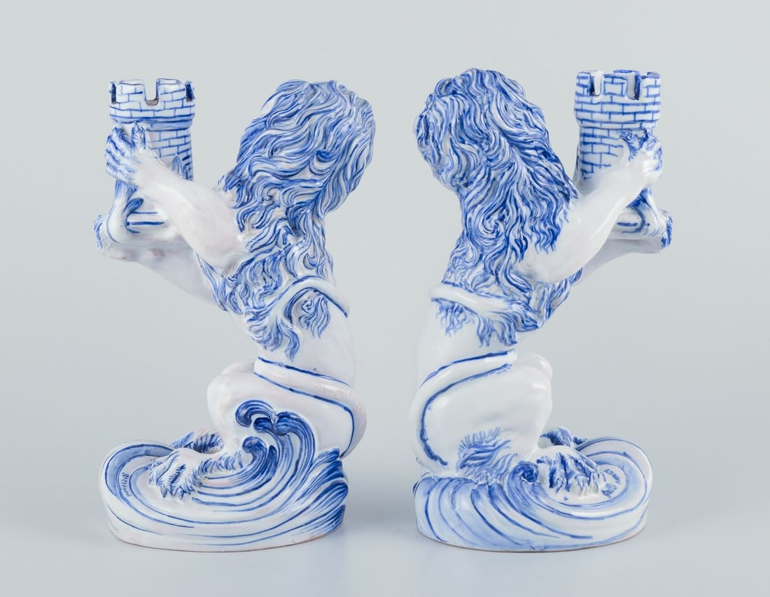 Emile Gallé for Nancy, St Clement. Pair of faience candle holders in the form of seated lions. - 6