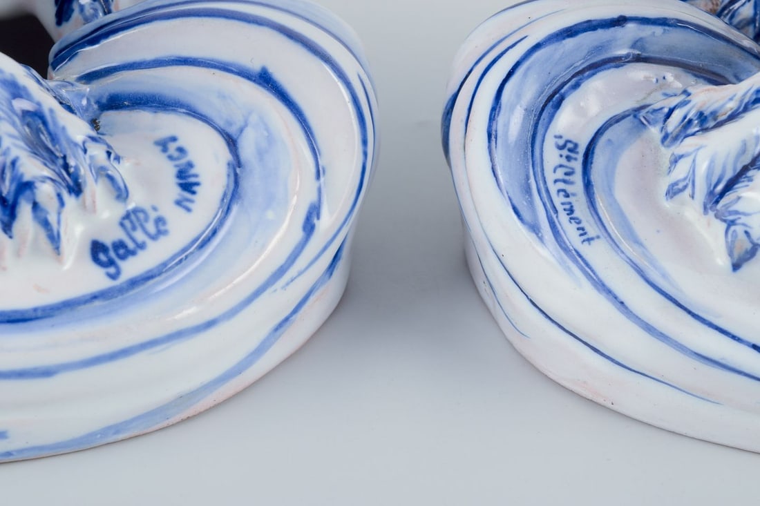 Emile Gallé for Nancy, St Clement. Pair of faience candle holders in the form of seated lions. - 7