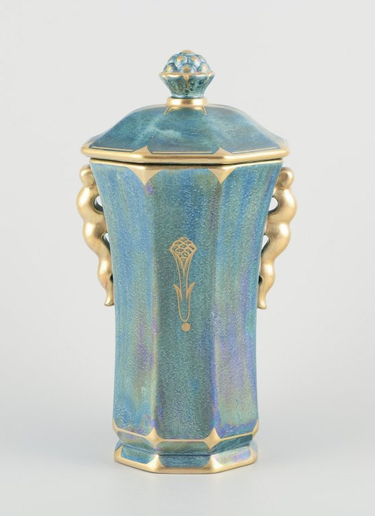 Josef Ekberg for Gustavsberg, Sweden. Large octagonal lidded vase in porcelain. 1940s.: Title: Josef Ekberg for Gustavsberg, Sweden. Large octagonal lidded vase in porcelain. 1940s. Description: Josef Ekberg for Gustavsberg. Large octagonal lidded vase in porcelain. Hand painted in