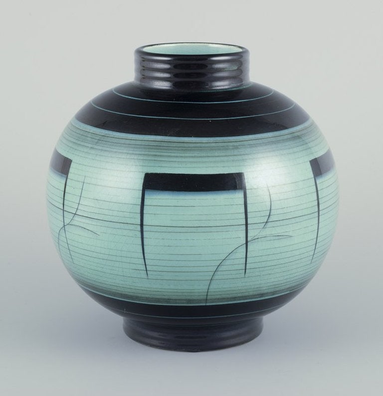 Ilse Claesson for Rörstrand, Sweden. Large and round vase in glazed faience. 1930s.: Title: Ilse Claesson for Rörstrand, Sweden. Large and round vase in glazed faience. 1930s. Description: Ilse Claesson for Rörstrand, Sweden. Large and round vase in glazed faience. Art Deco.