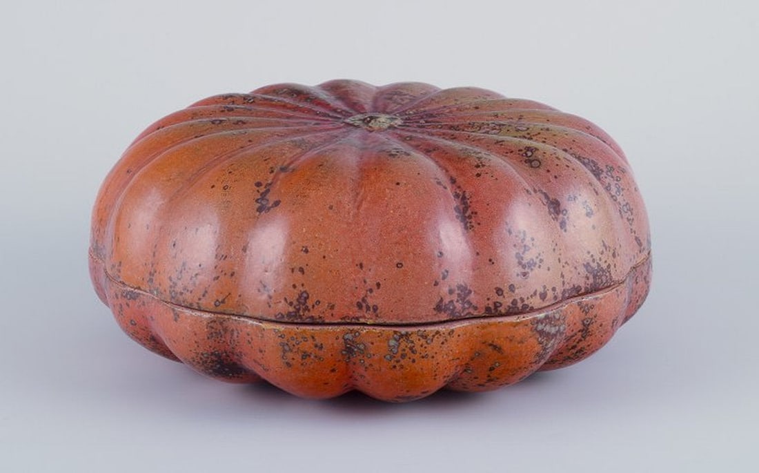 Hans Hedberg, Swedish ceramicist, for Biot, France. Large lidded ceramic jar shaped like a pumpkin. - 2