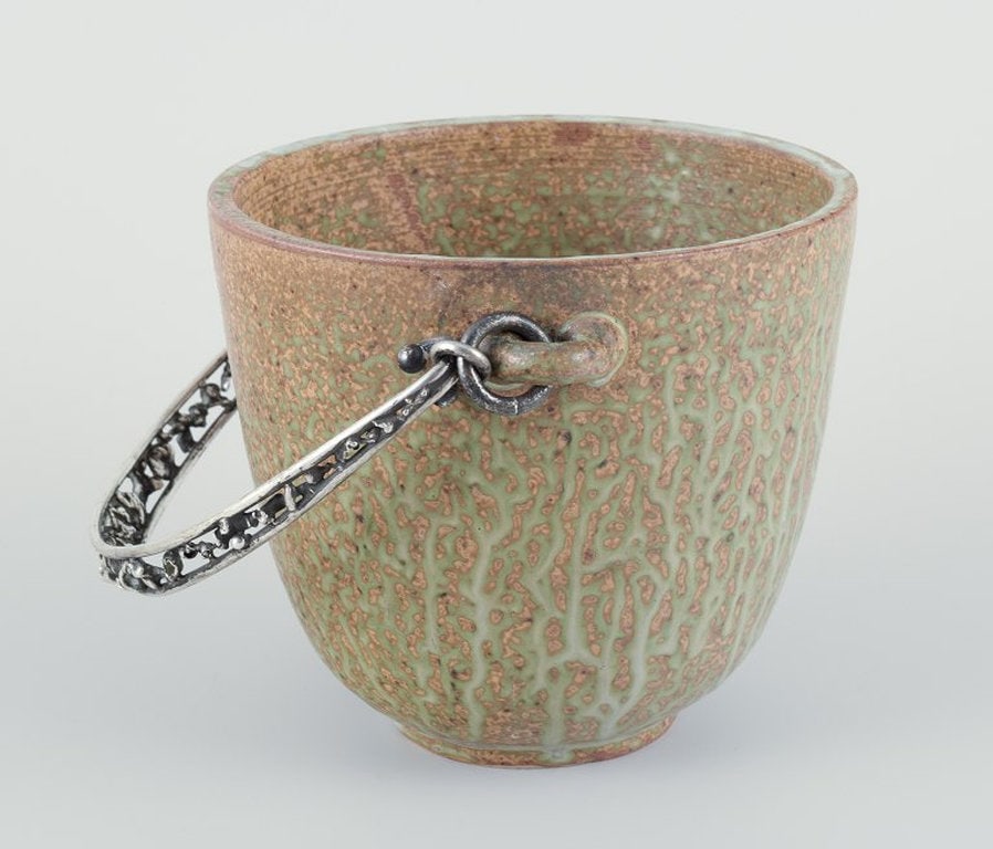 Arne Bang and Aage Weimar, Denmark. Large ceramic ice cooler with 830 silver handle. Mid 20th - 3