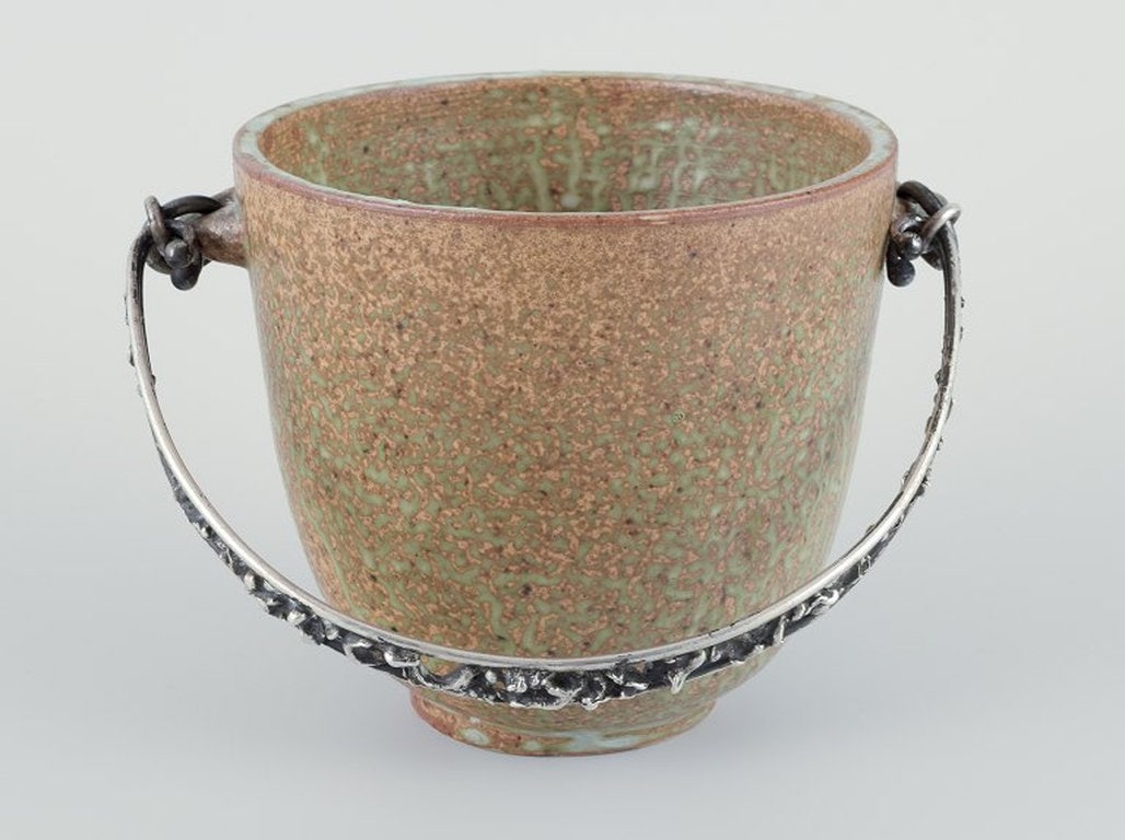 Arne Bang and Aage Weimar, Denmark. Large ceramic ice cooler with 830 silver handle. Mid 20th - 4