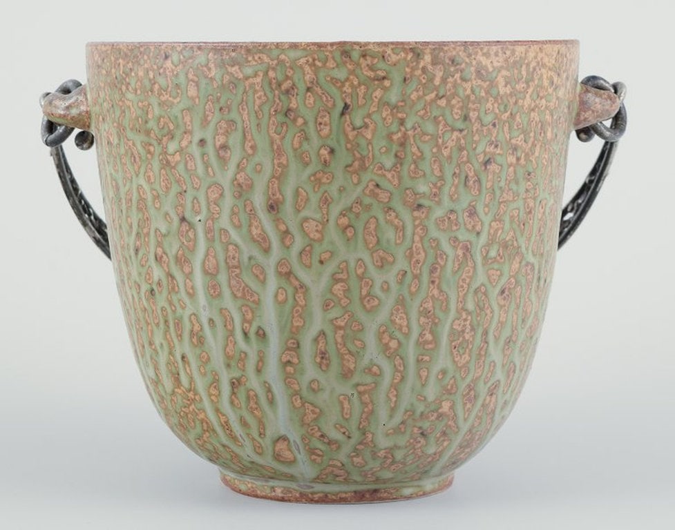 Arne Bang and Aage Weimar, Denmark. Large ceramic ice cooler with 830 silver handle. Mid 20th - 5