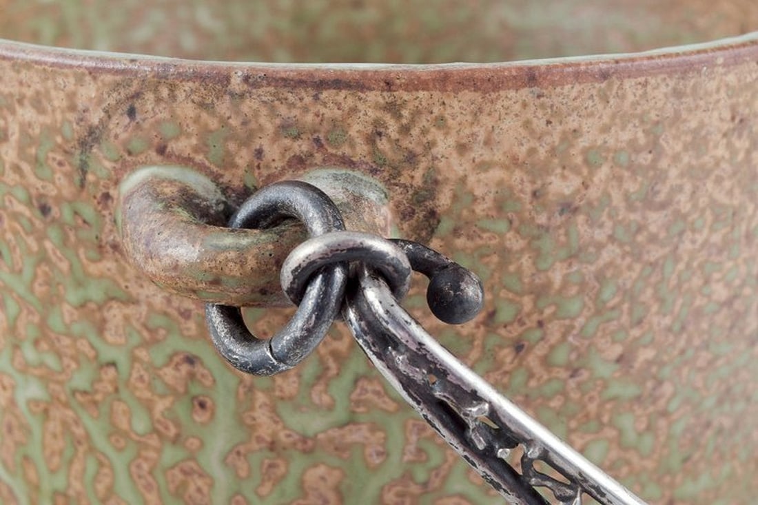 Arne Bang and Aage Weimar, Denmark. Large ceramic ice cooler with 830 silver handle. Mid 20th - 6