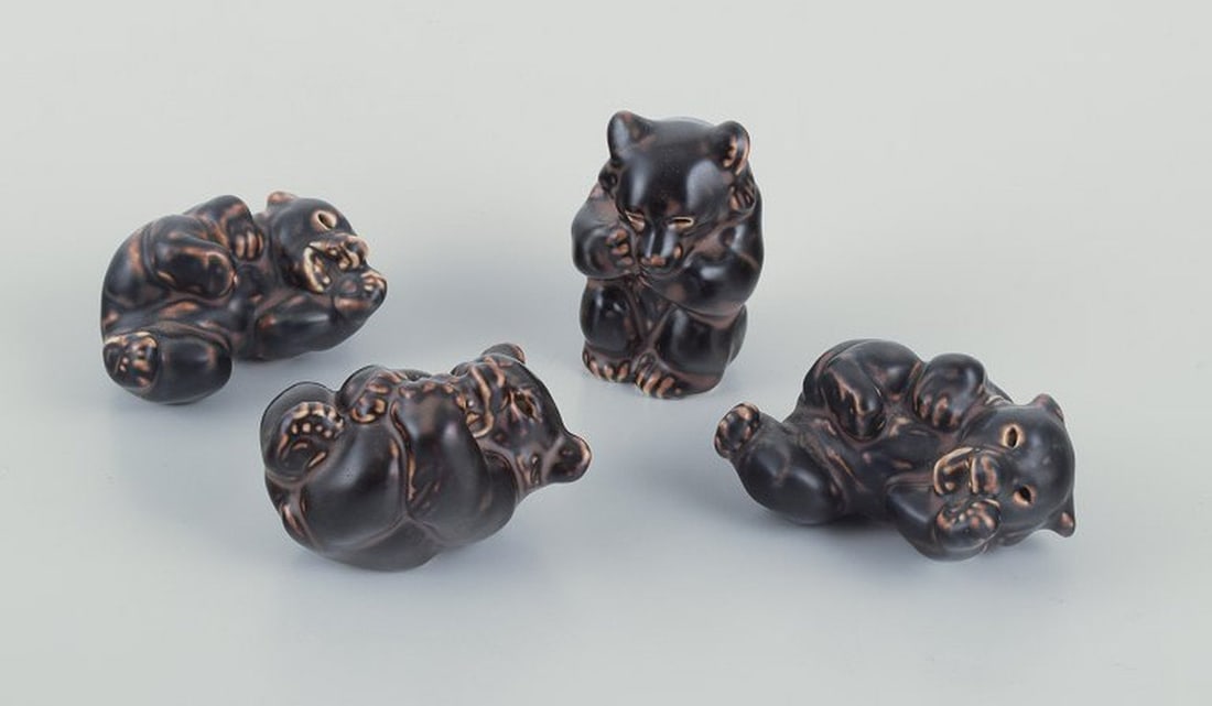 Knud Kyhn for Royal Copenhagen. Four stoneware figures of brown bear cubs. 1930s. (1 of 8)