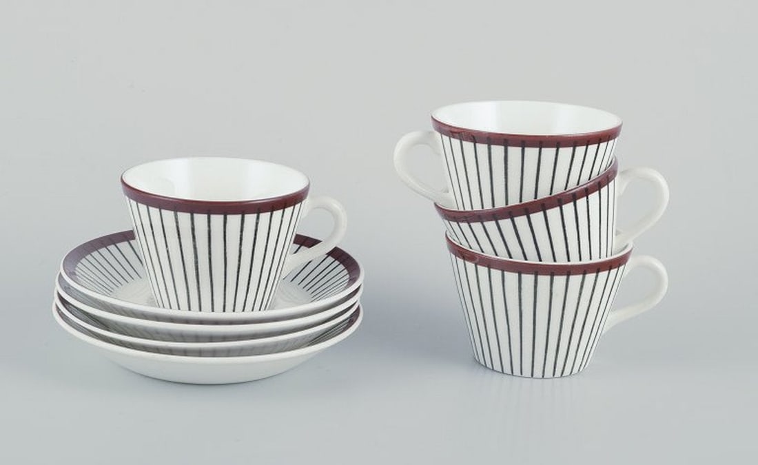 Stig Lindberg for Gustavsberg, Sweden. A set of four 'Spisa Ribb' coffee cups and saucers in: Title: Stig Lindberg for Gustavsberg, Sweden. A set of four 'Spisa Ribb' coffee cups and saucers in porcelain. Mid 1900s. Description: Stig Lindberg for Gustavsberg. A set of four ‘Spisa