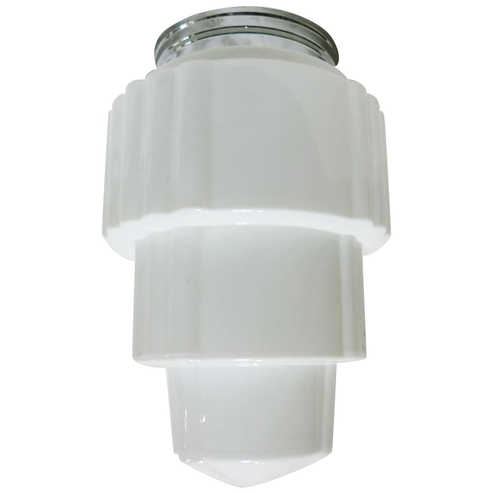 Large Art Deco Stepped Birthday Cake Skyscaper Ceiling Glass Globe Pendant: Title: Large Art Deco Stepped Birthday Cake Skyscaper Ceiling Glass Globe Pendant Description: Unique Art Deco stepped birthday cake skyscraper ceiling glass globe in white milk glass features an alte