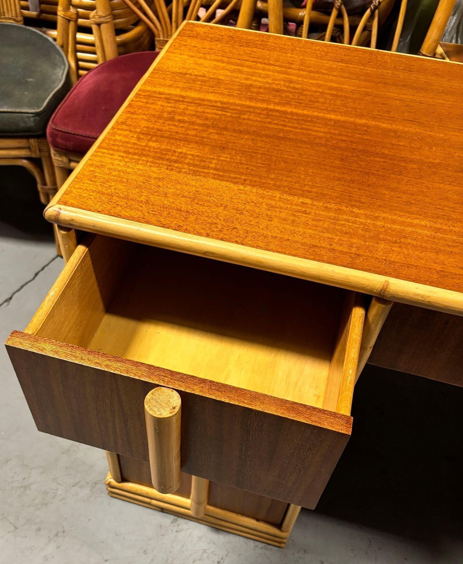 Streamline Mahogany and Rattan Writing Desk with Rattan Pulls & Shelf - 3