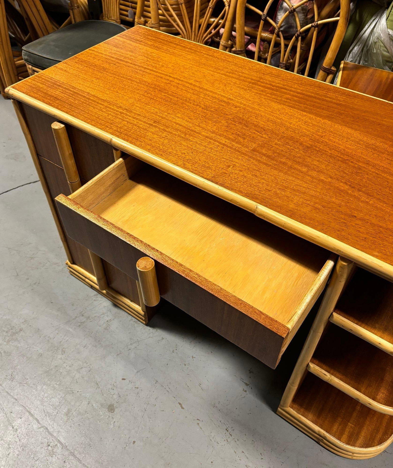 Streamline Mahogany and Rattan Writing Desk with Rattan Pulls & Shelf - 4