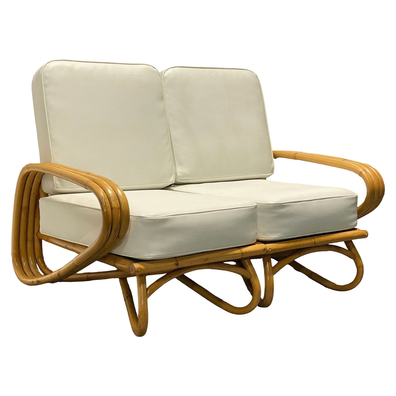 Restored "Triple Triangle" 3-strand Sectional Sectional Settee W/ Loop Base: Title: Restored "Triple Triangle" 3-strand Sectional Sectional Settee W/ Loop Base Description: This beautifully restored Paul Frankl-inspired 3-strand Rattan "Triple Triangle" arm sectional settee. T