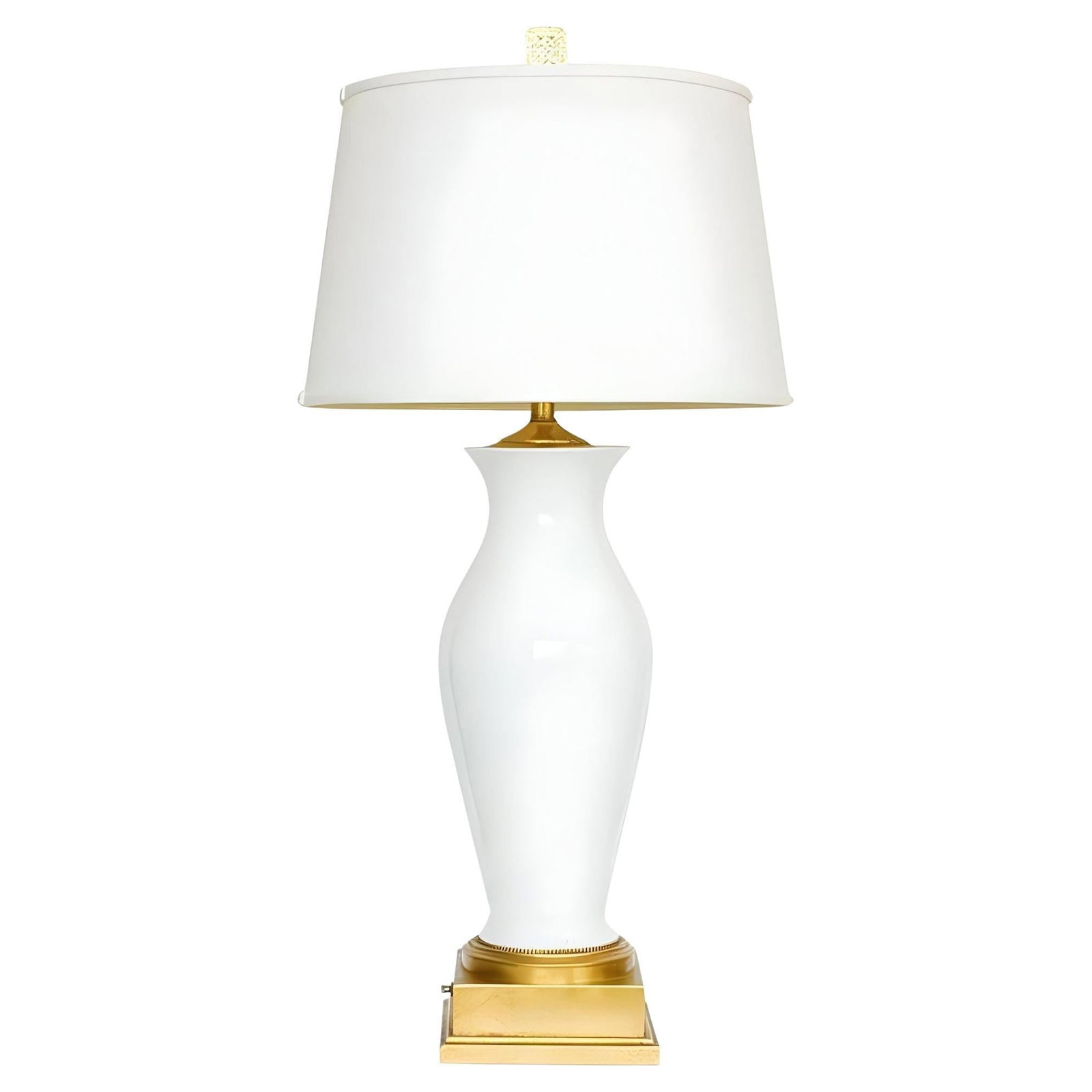 High Style Mid-century White Porcelain & Gold Leaf Table Lamp w/ Shade: Title: High Style Mid-century White Porcelain & Gold Leaf Table Lamp w/ Shade Description: High Style Mid-century era white porcelain table lamp with gold leaf and the lampshade pictured. The epitome 