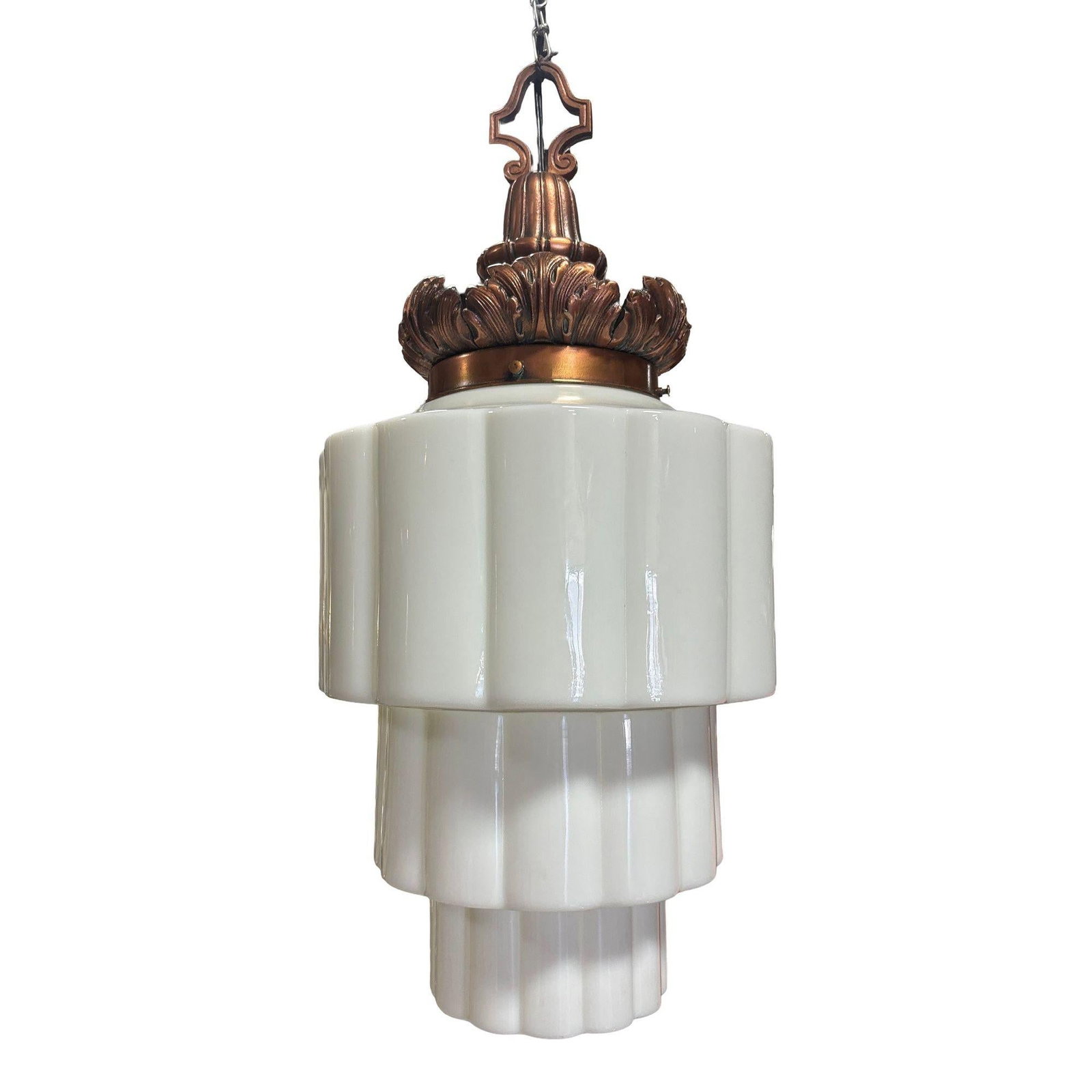 Art Deco Era Ornate Brass Pendant Light w/ Stepped Milk Glass Skyscraper Shade - 2