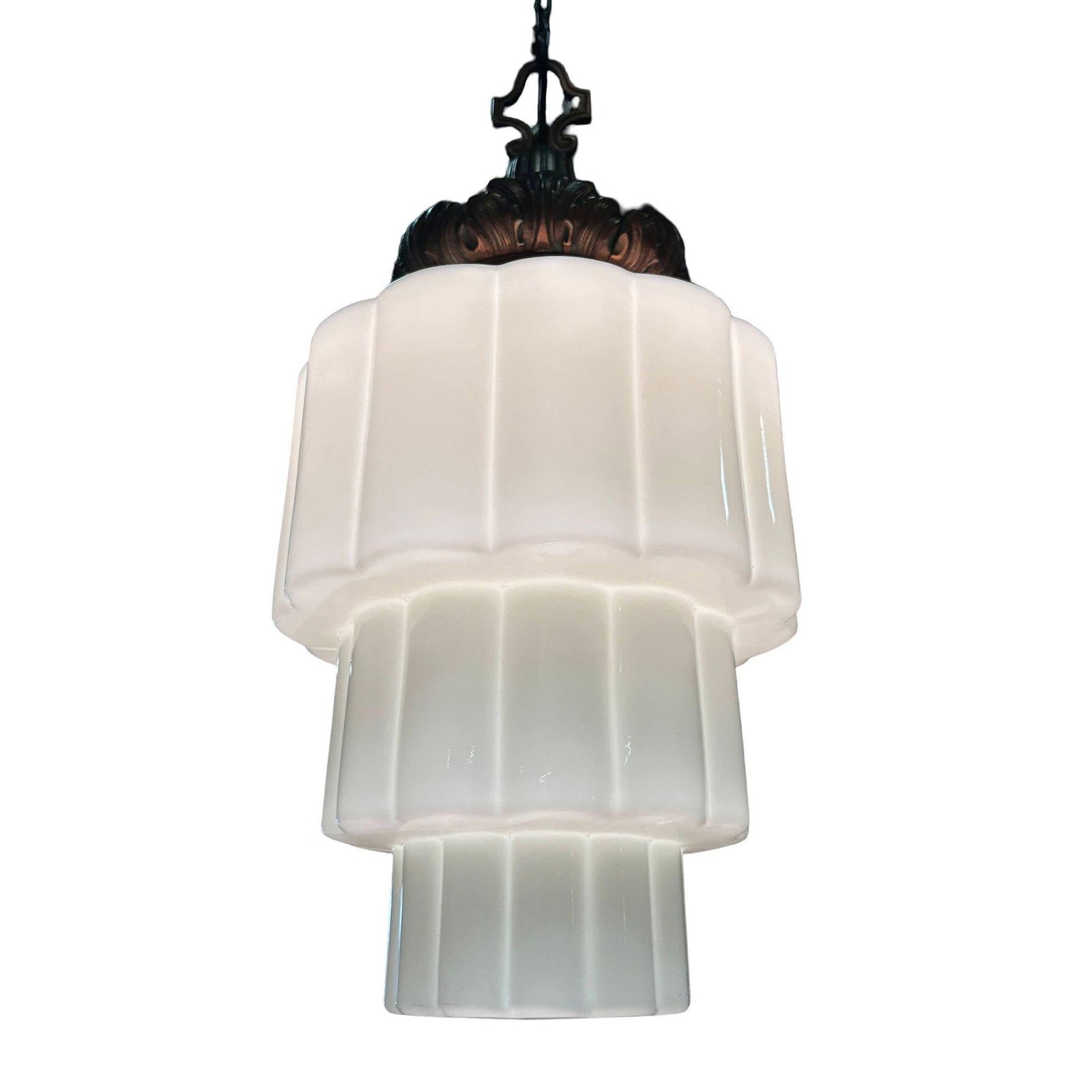 Art Deco Era Ornate Brass Pendant Light w/ Stepped Milk Glass Skyscraper Shade - 4