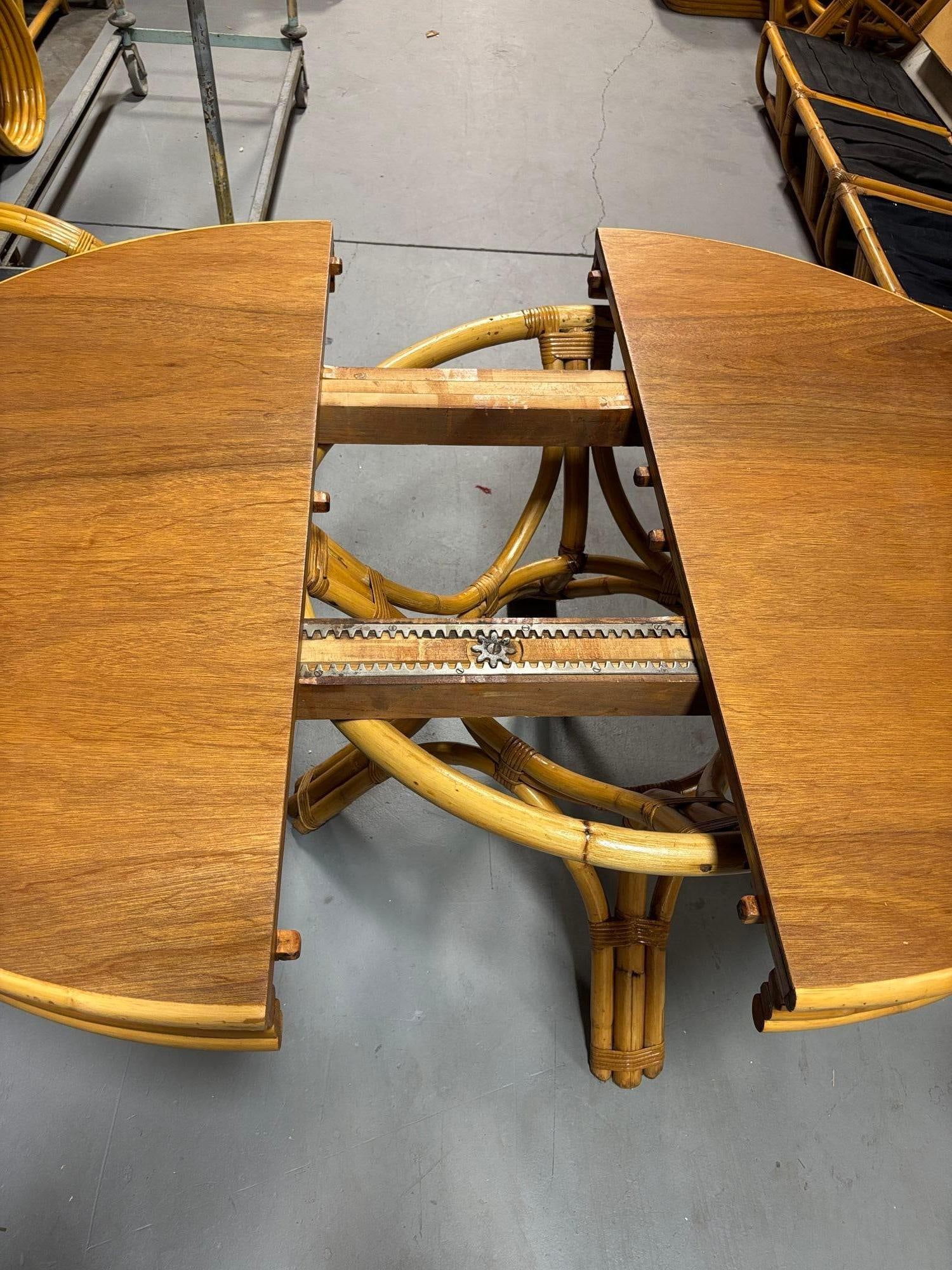 Restored Round Rattan & Mahogany Dining Table W/ Leaf - 3
