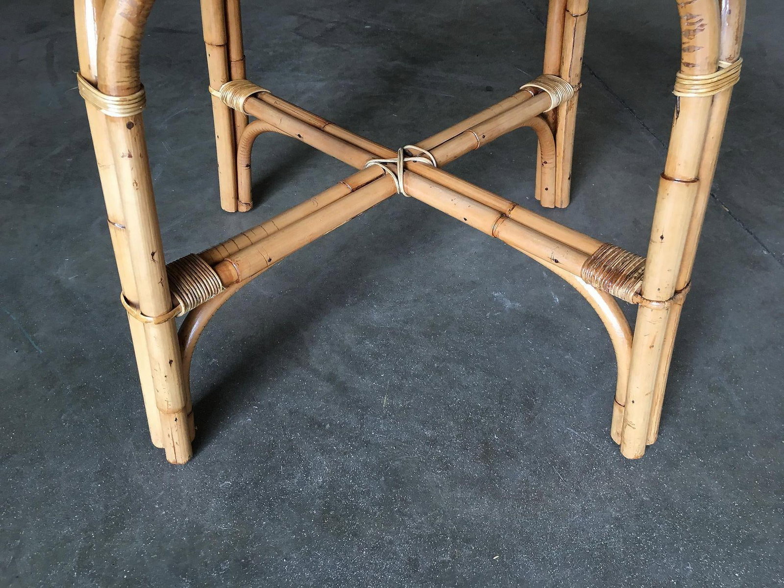 Restored Vintage Large 31" Round "X" Base Rattan Coffee Table With Oak Top - 5