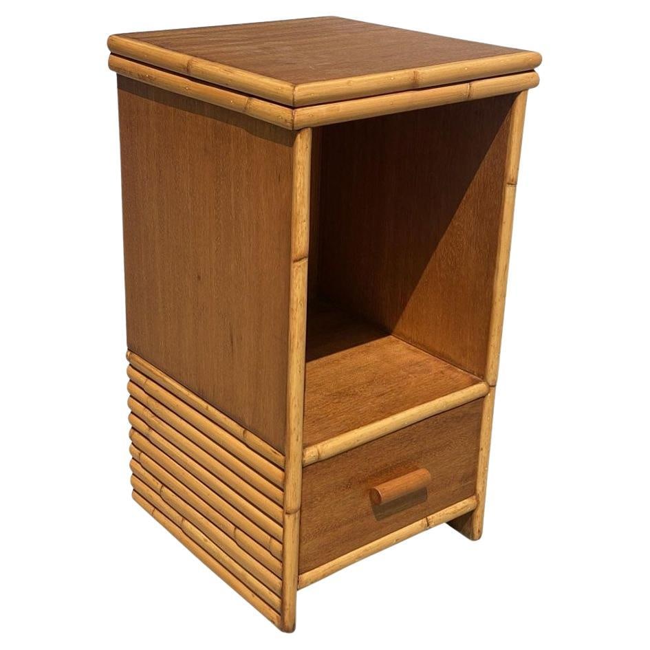 Restored Mid-century Single Drawer Stacked Rattan & Koa Wood Bedside Table (1 of 5)