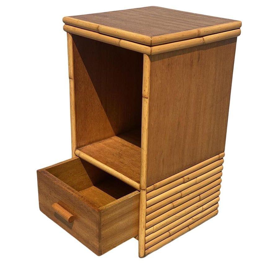 Restored Mid-century Single Drawer Stacked Rattan & Koa Wood Bedside Table - 2