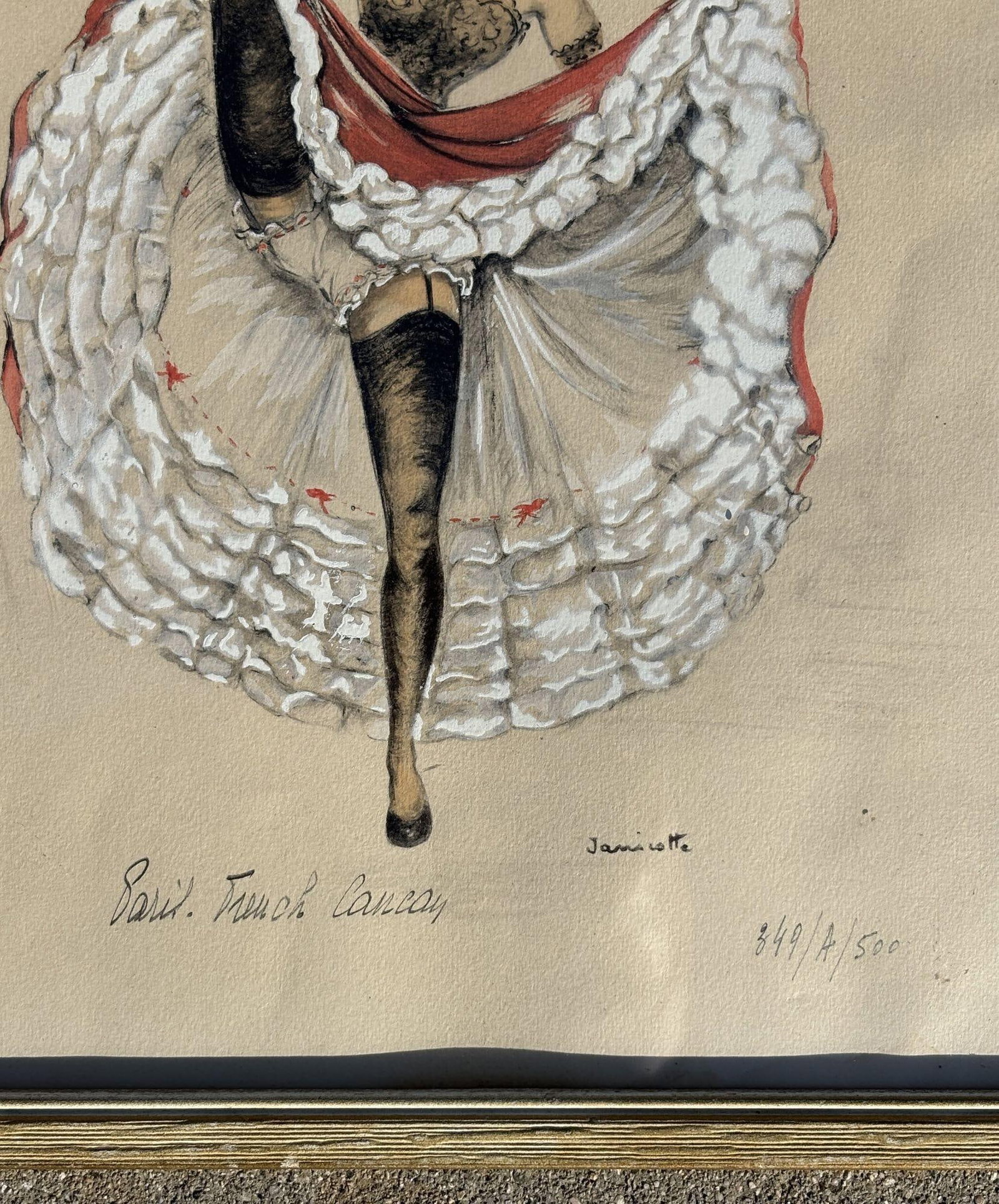 Pair of Original French Cabaret CanCan Dancers Watercolor Paintings by Janicotte - 3