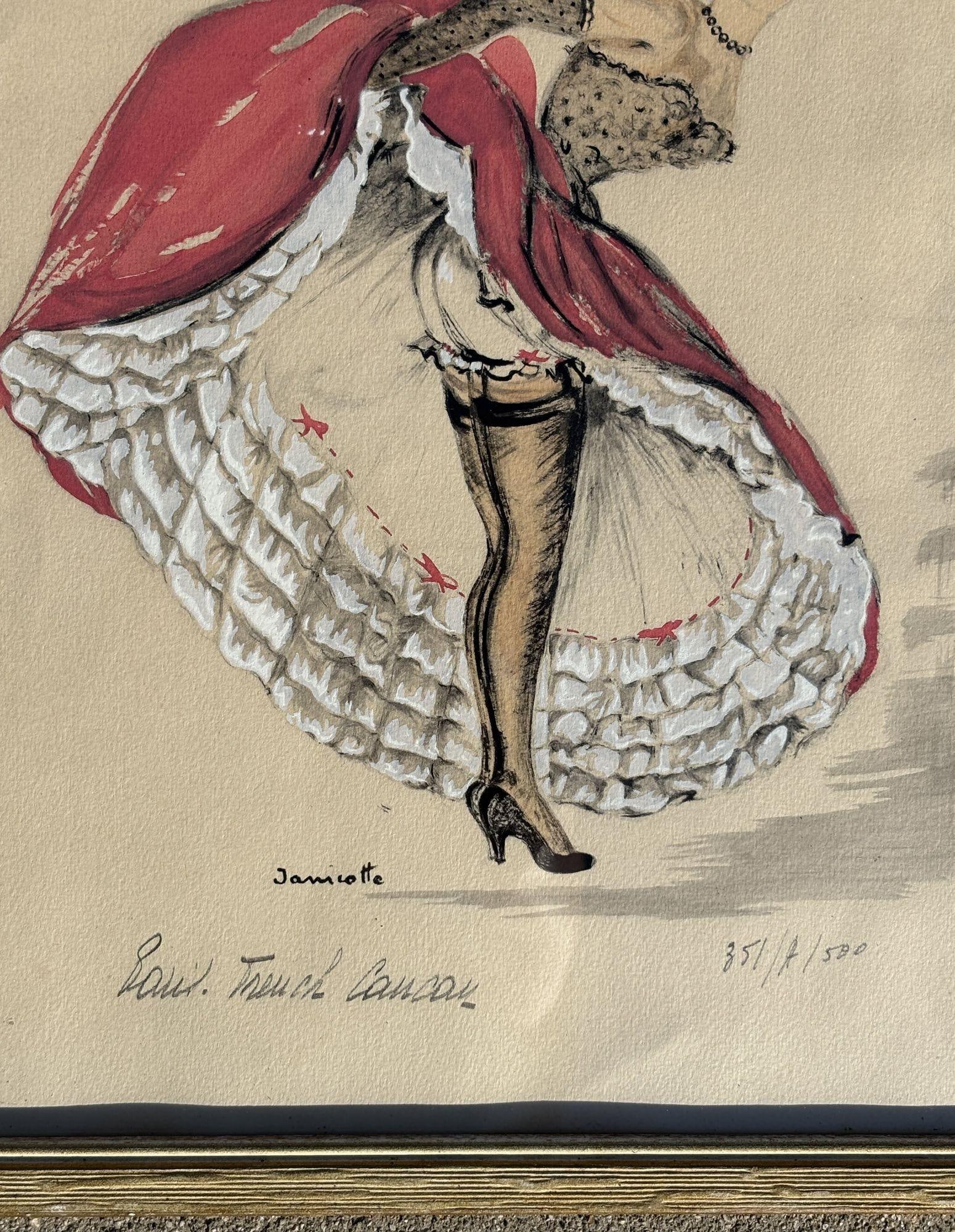 Pair of Original French Cabaret CanCan Dancers Watercolor Paintings by Janicotte - 4